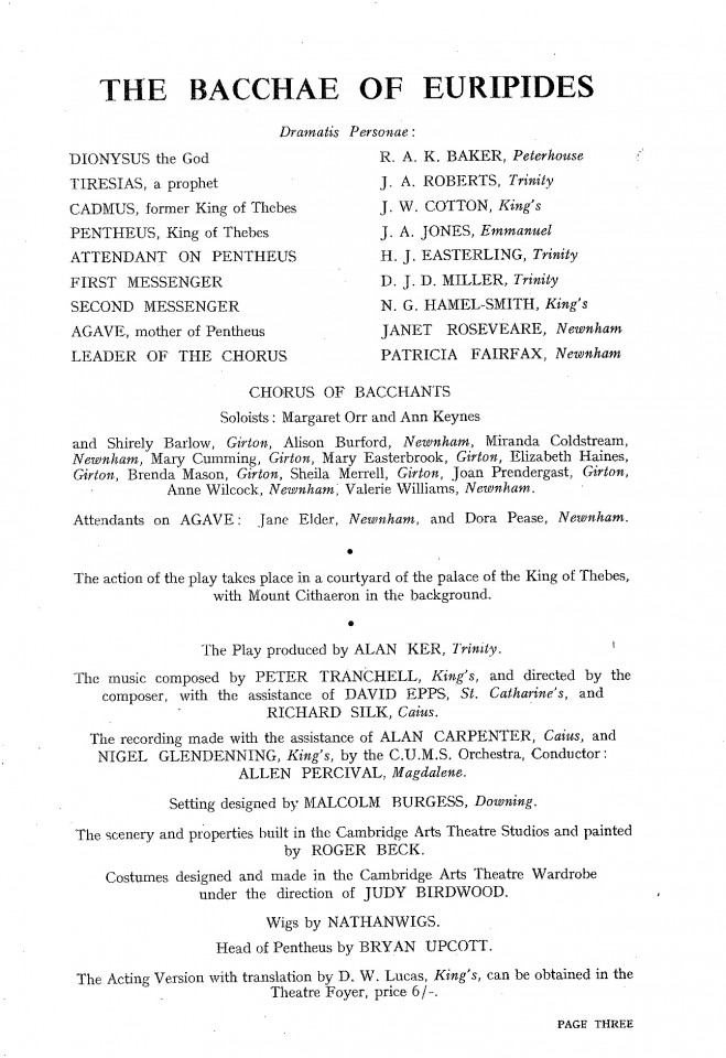The Bacchae of Euripides, Cambridge Greek Play, 1956, cast list